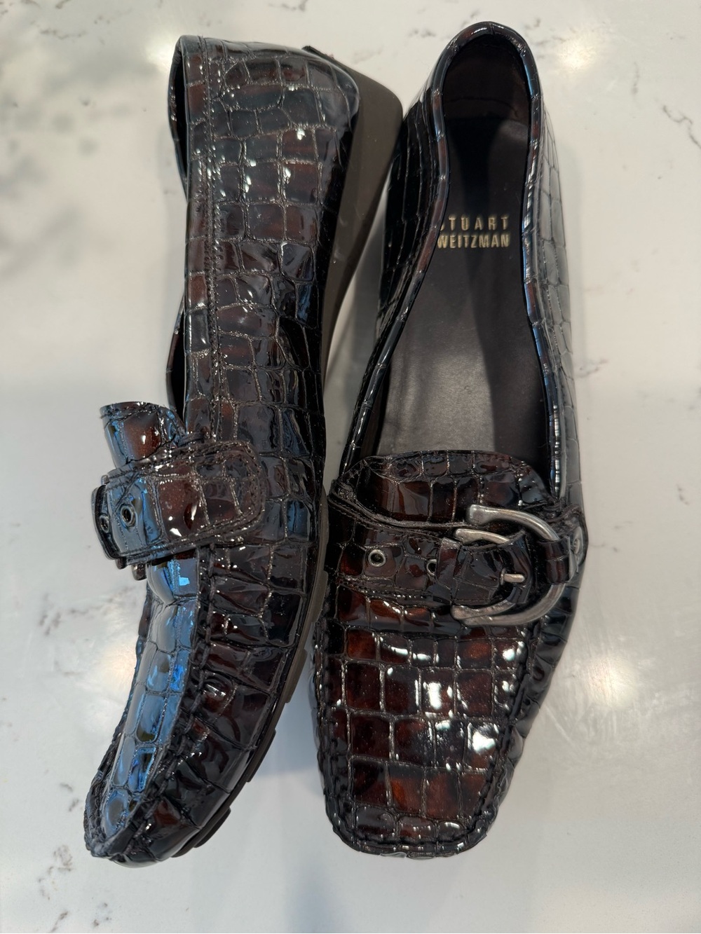 Stuart Weitzman Patent Croc Embossed Buckle Driving Loafers Espresso Brown 8.5 M